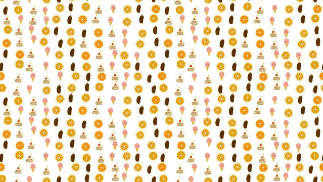 Seamless pattern of oranges, ice cream, swiss rolls, and dates