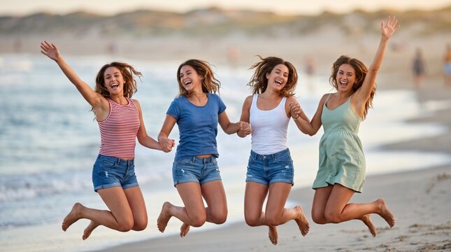 Four joyful young women jumping and holding hands on a sandy beach, celebrating friendship and summer freedom
