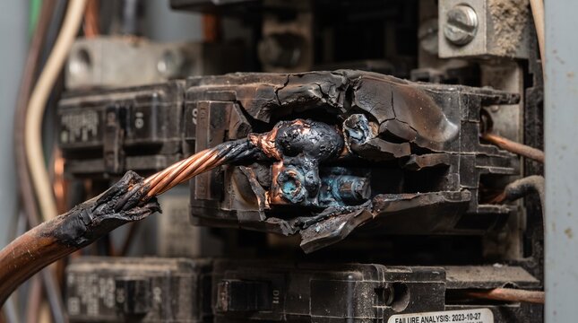 Melted electrical circuit breaker with damaged copper wiring in a