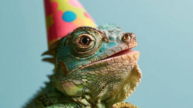 Close-up of detailed green lizard face wearing colorful party hat with blue background, reptile scale texture and festive celebration concept