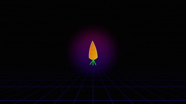 Animated carrot rotating in purple neon glow on retro grid