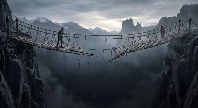 Broken rope bridge between two mountain cliffs with people standing on opposite sides, 3D render
