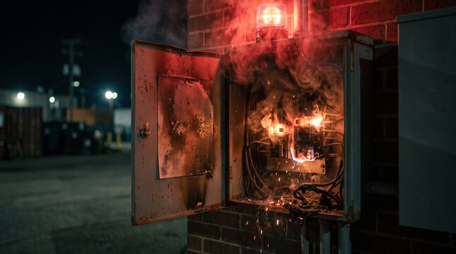 Electrical breaker panel catching fire with smoke and sparks at night