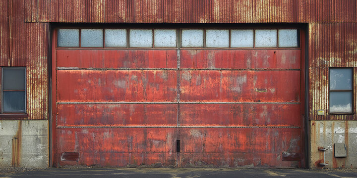 Industrial building facade featuring a large weathered red garage door with a textured metal surface and small window panes above set inside a rustic corrugated wall structure for architectural backgr