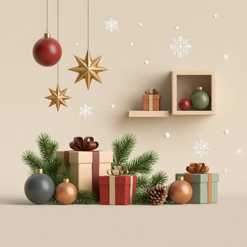 3D Christmas composition featuring glossy baubles, golden stars, gift boxes, pine branches and floating snowflakes, premium studio render on a clean festive background
