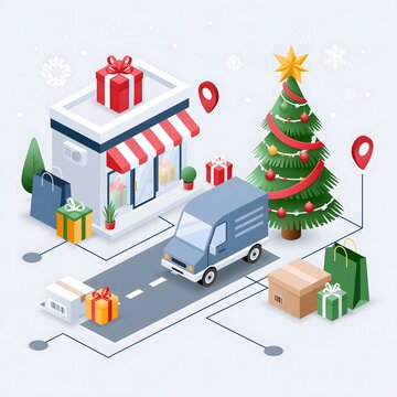 Isometric 3D Christmas ecommerce concept with online gift store, delivery van, parcels, shopping bags, decorated tree and interconnected holiday shopping services