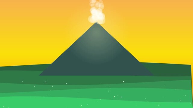 Animated volcano eruption with smoke rising over a green landscape
