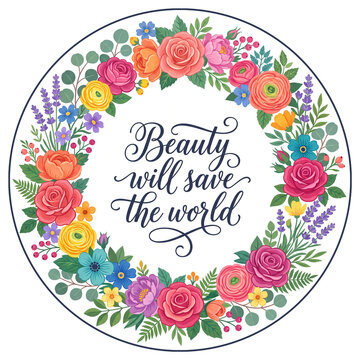 Floral wreath circle with quote beauty will save the world. Colorful roses typography clipart graphic design.