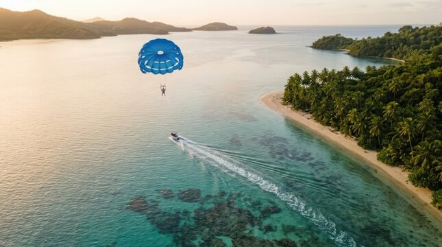 Blue parachute carrying a person floats above a boat in the ocean near a tropical island beach