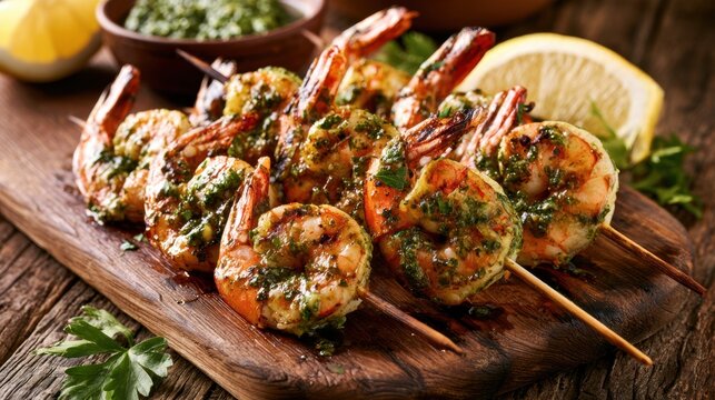 Grilled shrimp skewer with herb marinade served on wooden board with lemon wedge and fresh parsley garnish for seafood meal