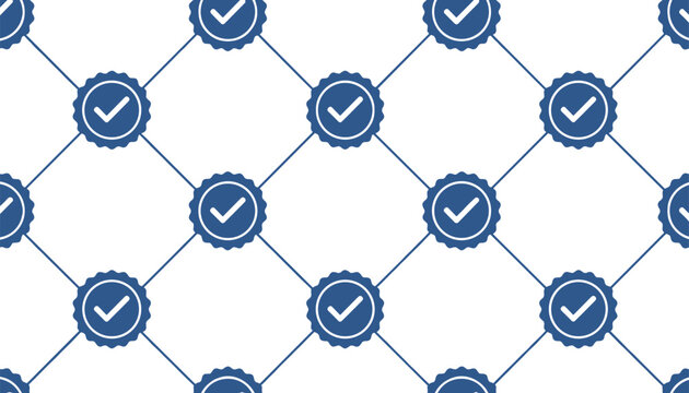 Seamless pattern of blue checkmark validation badges connected with thin lines on white background vector illustration.