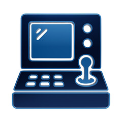 Blue glowing arcade machine icon with a screen, control buttons, and joystick on a dark background, gaming console isolated on a transparent background © Arthur