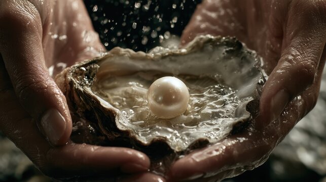 Close-up of hands holding an open oyster shell with a perfect white pearl inside and water droplets falling in a dark, moody setting