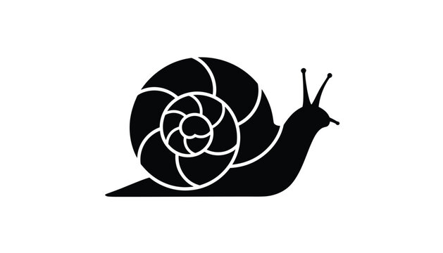 A sleek black silhouette of a garden snail with an intricate spiral shell pattern and long sensitive antennae on a white background.