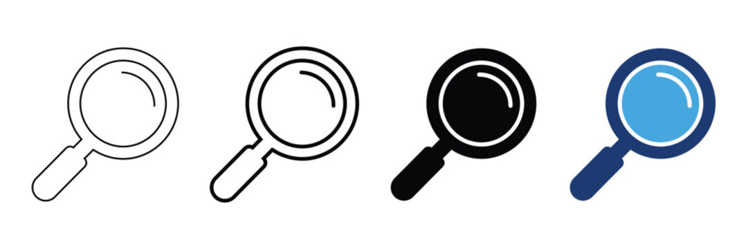 Four magnifying glass icons in different styles, flat vector illustration