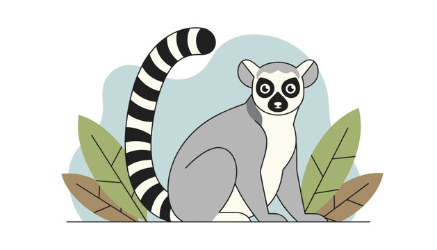 A cute ring-tailed lemur sitting gracefully amidst green leaves and a soft blue background, illustrating exotic wildlife.