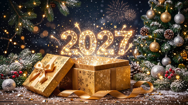 Un elegante regalo navide&ntilde;o revela el n&uacute;mero 2027 entre luces doradas, decoraci&oacute;n festiva, nieve y sutiles fuegos artificiales.