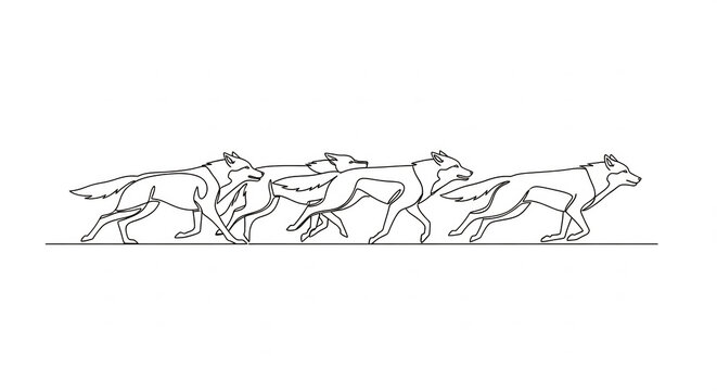 One line art wolf pack running in continuous drawing style