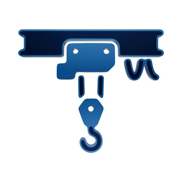 Blue glossy 3D icon of an overhead crane trolley and lifting hook for industrial handling hoist isolated on a transparent background
