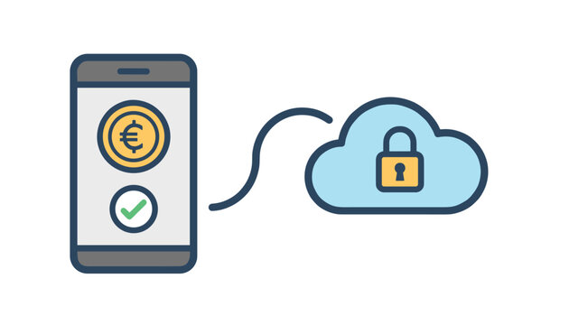 Secure mobile cloud payment icon showing a smartphone with a euro coin connected to a protected cloud lock system.