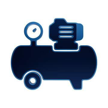 Blue glowing outline icon of an air compressor machine with tank, motor, and pressure gauge isolated on a transparent background