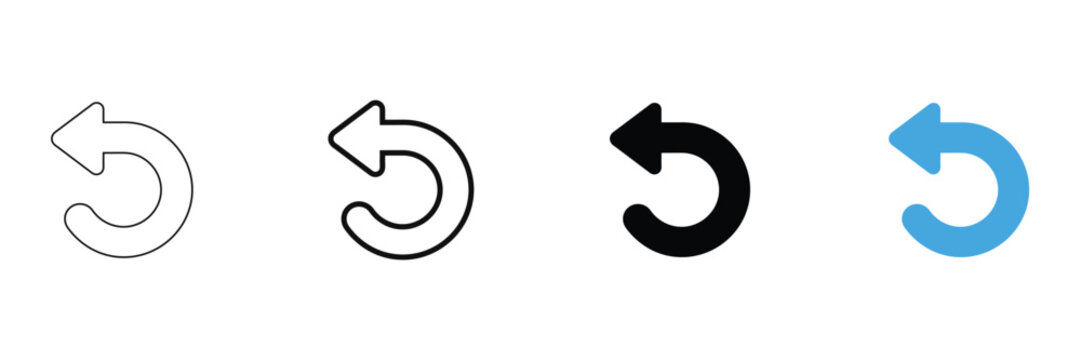 Four undo or back arrow icons in different styles including outline, bold line, solid black, and blue flat design