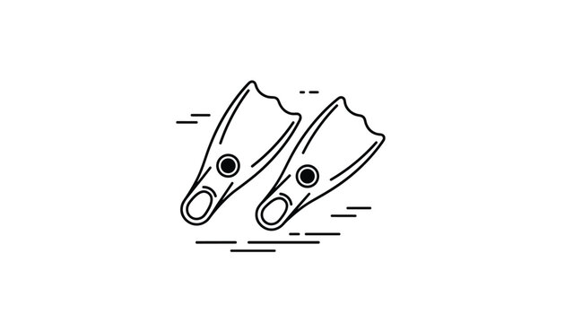 Simple black and white vector line art icon of a pair of scuba diving flippers surrounded by motion lines and bubbles.