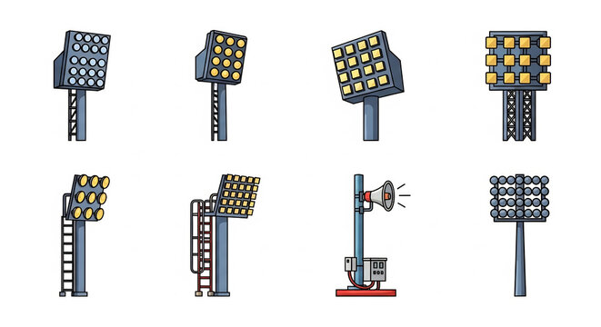 Set of cartoon stadium lights and megaphone icons on white background