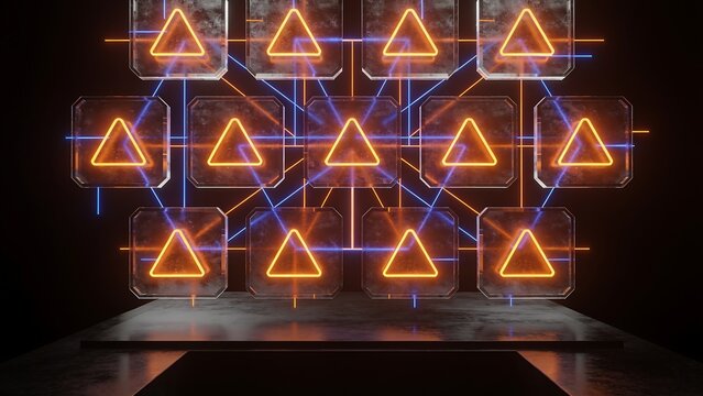 Grid of glowing orange triangle symbols representing digital connections.