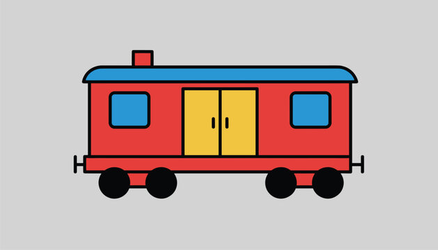 Toy-like red train wagon with blue roof and yellow doors vector illustration on flat gray background.