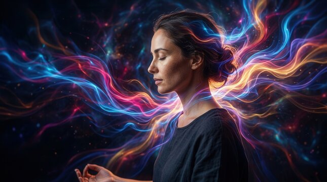 Colorful energy waves swirl around a woman's head in a deep trance of meditation.
