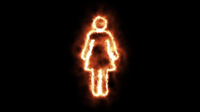 Glowing Female Silhouette Sign Formed From Burning Orange Flames Isolated On A Dark Black Background Representing A Fiery Women Icon