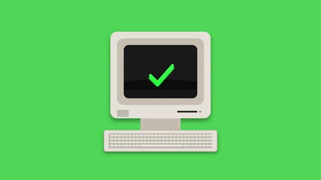 Retro computer display with checkmark animation on green screen