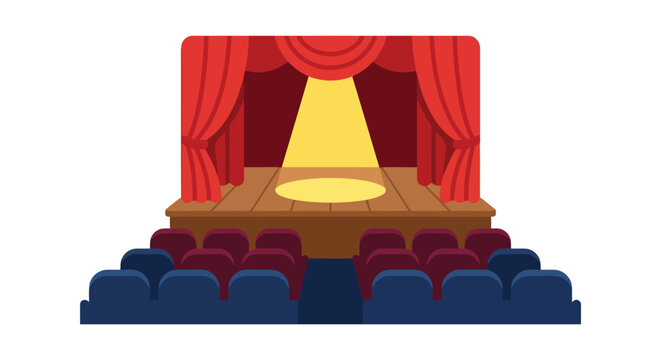 Stage with red curtains and seating on a white background