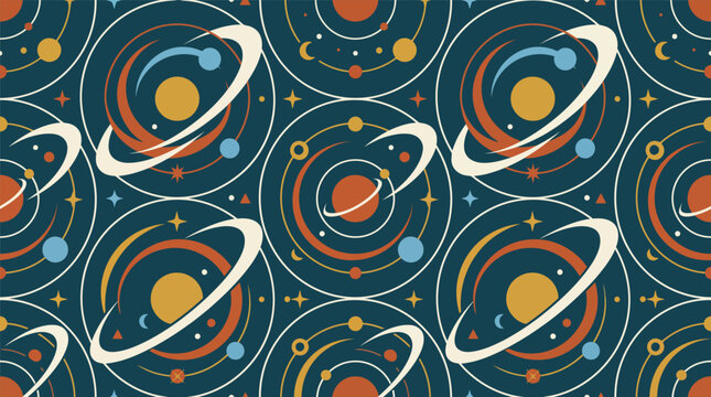 Retro atomic pattern with planets and orbits in mid century modern style on teal background