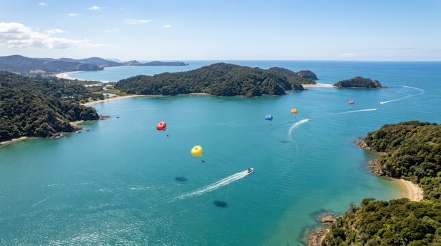 Group of colorful parasailers enjoying a thrilling adventure over the vibrant blue ocean waters near a scenic coastline