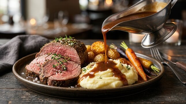 A chef pours rich brown gravy over roasted beef, mashed potatoes, and seasoned carrots.