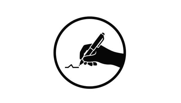Hand holding a pen signing a contract or document inside a circle icon for legal agreements and signatures.