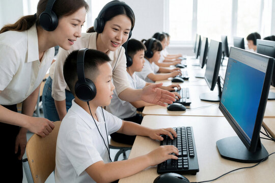 Asian teacher assists young student using computer in classroom. Female educator helps boy with e-learning lesson via headset. Children study online using pc, keyboard in school computer lab. Digital