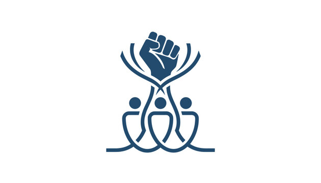 Three stylized people connected by flowing lines underneath a raised fist symbolizing community strength and solidarity.