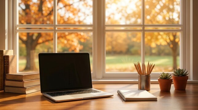 Studying space with a laptop, pencils, and books on a wooden desk with fall foliage outside.
