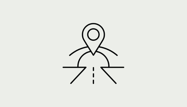 A black line art icon of a map location pin marking a point where a road splits or ends on a light background.