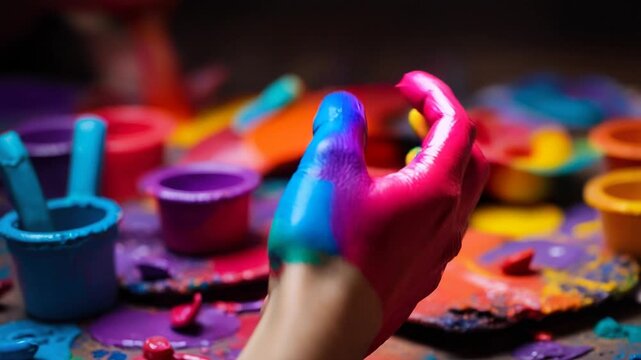 Happy Children's Day Card copy space Text Child hand in colored paint on Background AI Generative