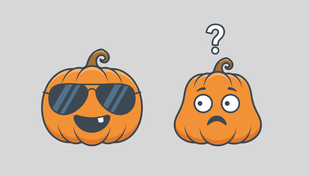 Humorous cartoon illustration of two autumn pumpkins, one wearing cool sunglasses smiling with a missing tooth and the other looking confused with a question mark.