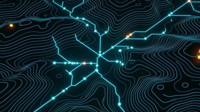 Seamless looping 3D animation of a minimalist digital topographic map with glowing light dots rapidly darting along branching routes representing real time fleet tracking. 