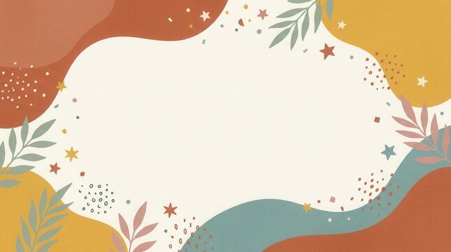 Abstract celebratory background with organic elements, stars, and gentle geometric patterns.