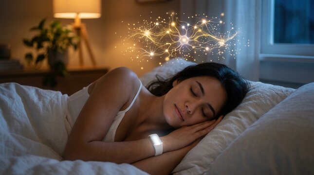 Tracking dreams and mental activity with a glowing wearable device as a woman sleeps deeply for better wellbeing.
