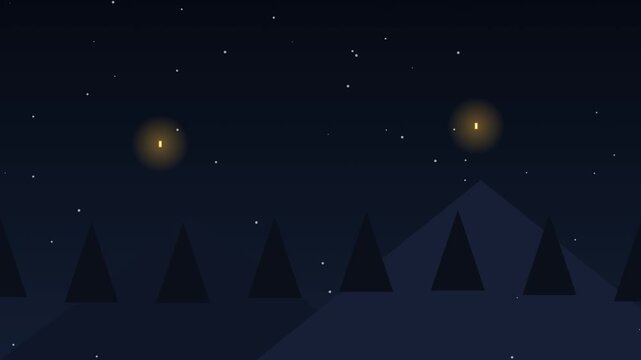 Flat Design Vector Illustration of a Night Forest with Glowing Lights