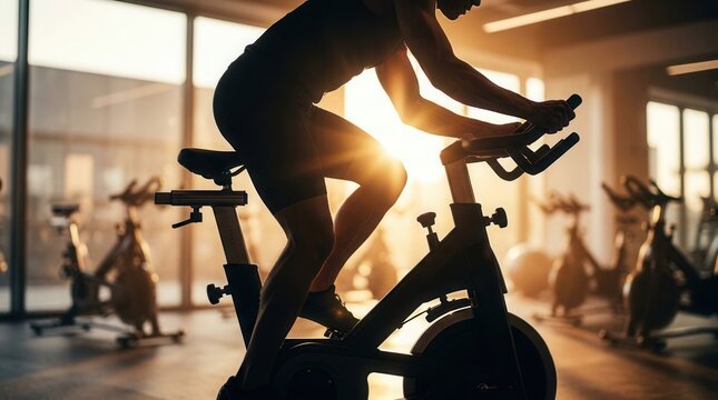 Intense spin class workout featuring an athletic silhouette on a stationary bike in a gym.