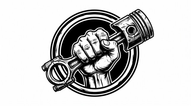 Powerful fist holding engine piston in striking monochrome illustration for automotive design and mechanics